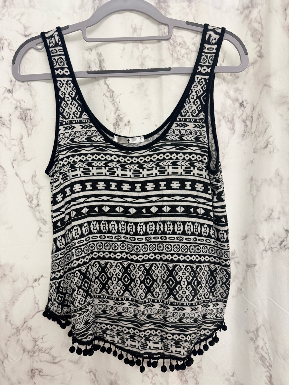 Blu Planet Black & White Geometric Pom-Pom Tank